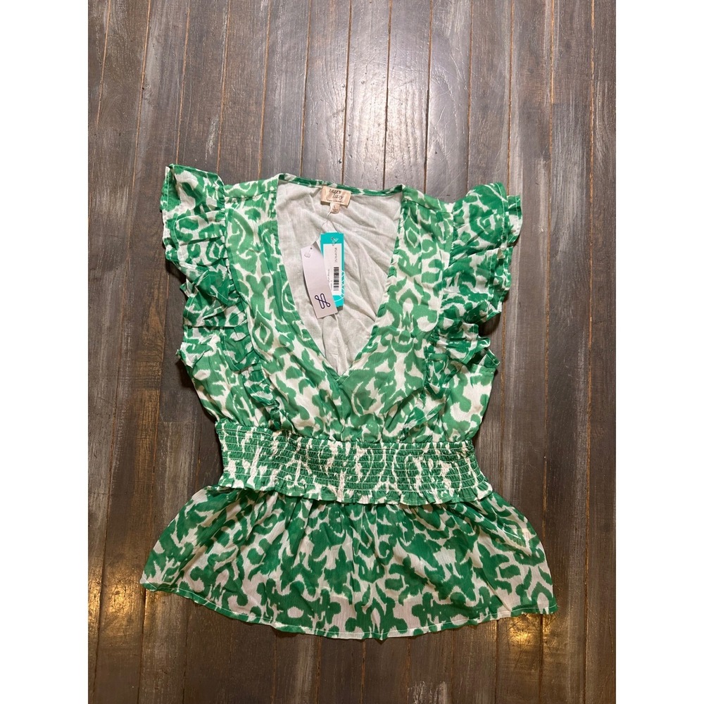Dizzy Lizzy Womens Green White Ikat Ruffle Smocked Peplum‎ V-Neck Blouse Top
